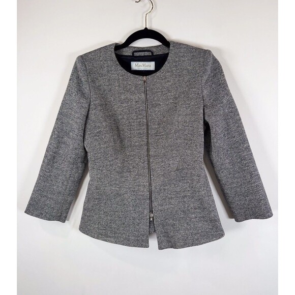 Max Mara Women Blazer Gray Tweed Full Zip Virgin Wool Silk Italian Jacket Size 2 - Picture 4 of 11